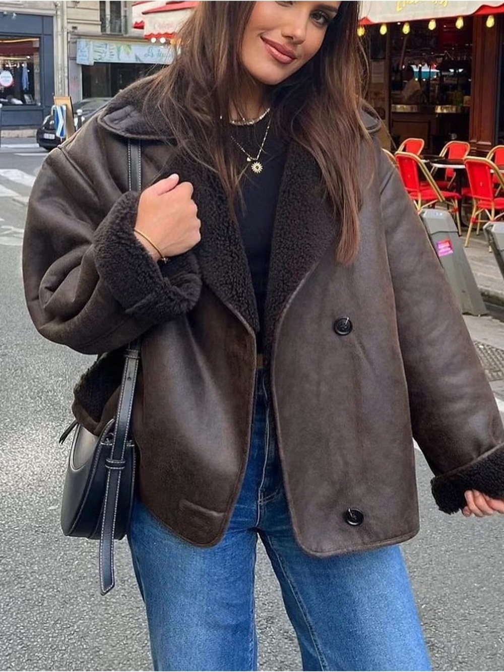 Zara Double Faced Brown Faux Leather Jacket Shearling-Lined